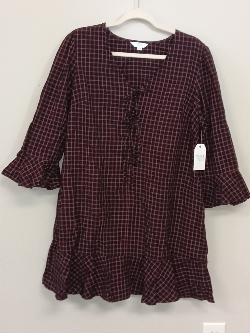 NWT Time And Tru XL Red Black Plaid Ruffle Front Tie Mini Dress Goth Grunge
